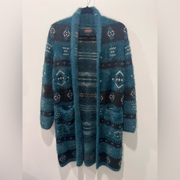 SHYANNE Plush Teal, Black, Cream Women’s Aztec Tribal Boho Duster Cardigan - Picture 2 of 10